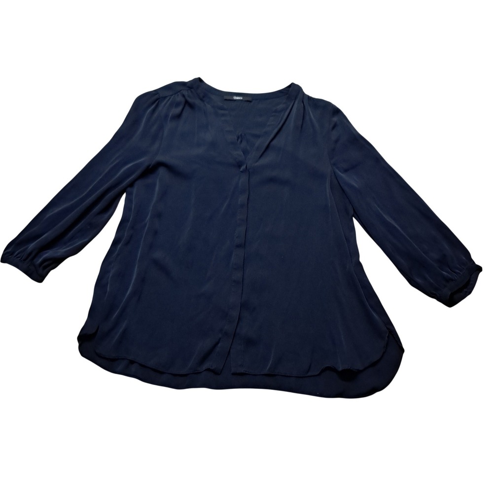Quince Silk Blouse Womens Large Navy Blue Stretch V-Neck Tunic Top Minimalist